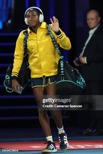 Coco Gauff of the United States walks onto Rod Laver Arena ahead of their Semi Final singles match against asduring the 2024 Australian Open at...