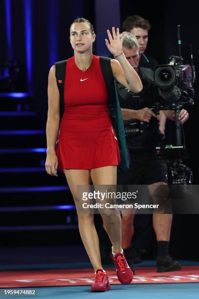 Aryna Sabalenka walks onto Rod Laver Arena ahead of their Semi Final singles match against Coco Gauff of the United States during the 2024 Australian...