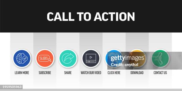 call to action related banner design with line icons. learn more, subscribe, share, click here, download. - subscription stock illustrations
