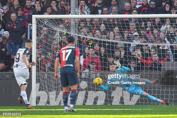Josep Martinez of Genoa saves a penalty kick taken by Nikola Krstovic of Lecce during the Serie A TIM match between Genoa CFC and US Lecce - Serie A...