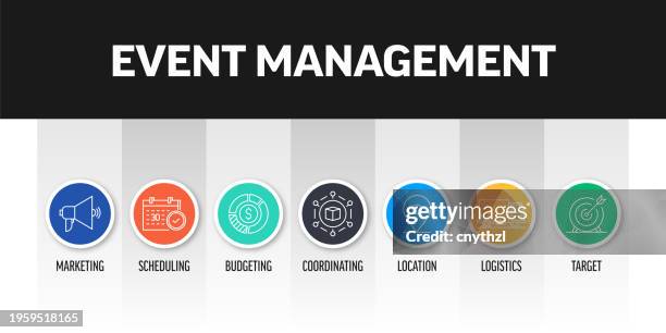 event management related banner design with line icons. marketing, scheduling, budgeting, location, logistics, target. - eventmanagement stock illustrations