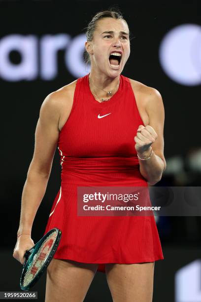Aryna Sabalenka celebrates a point in their Semi Final singles match against Coco Gauff of the United States during the 2024 Australian Open at...