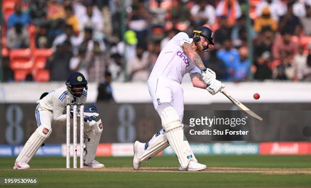 England captain Ben Stokes hits out for six runs watched by India wicketkeeper Srikar Bharat during day one of the 1st Test Match between India and...