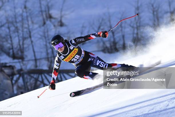 Jacqueline Wiles of Team United States in action during the Audi FIS Alpine Ski World Cup Women's Super G on January 28, 2024 in Cortina d'Ampezzo,...