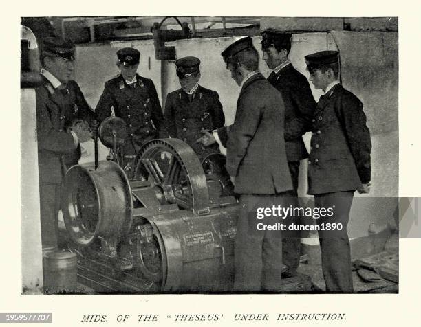 stockillustraties, clipart, cartoons en iconen met royal navy midshipmen under instruction on hms theseus, 1890s, 19th century - jonglieren