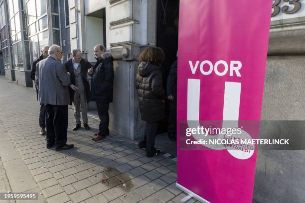 The Voor U logo pictured during the traditional new year's reception of Voor U, a new party of Flemish parliament Els Ampe, in Brussels, Sunday 28...