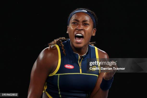 Coco Gauff of the United States celebrates a point in their Semi Final singles match against Aryna Sabalenka during the 2024 Australian Open at...