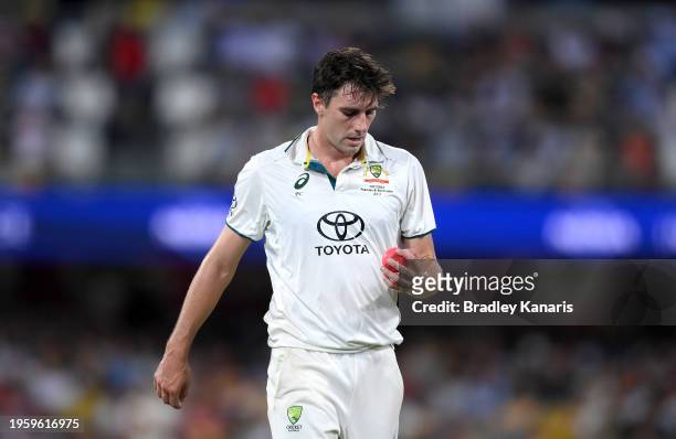 Pat Cummins of Australia prepares to bowl during day one of the Second Test match in the series between Australia and West Indies at The Gabba on...