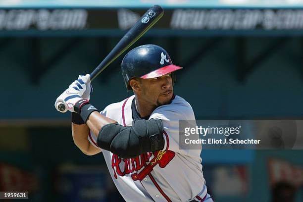 Gary Sheffield of the Atlanta Braves stands at bat during the game against the Florida Marlins at Pro Player Stadium on April 13, 2003 in Miami...