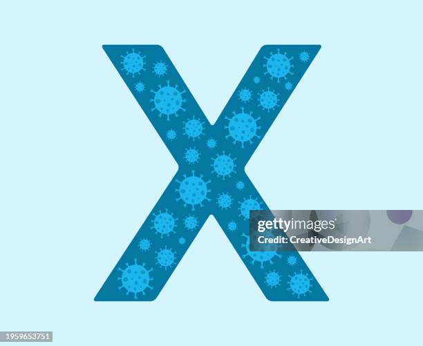 new mysterious x disease. letter x with virus cells on blue background - genetic variant 幅插畫檔、美工圖案、卡通及圖標