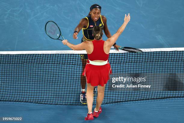 Aryna Sabalenka embraces Coco Gauff of the United States after winning her Semi Final singles match during the 2024 Australian Open at Melbourne Park...