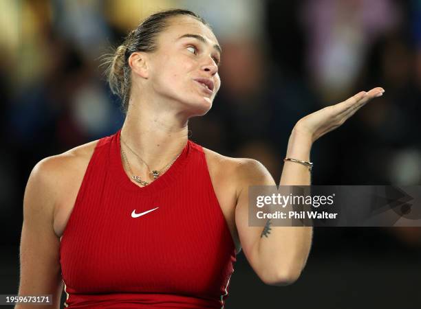 Aryna Sabalenka celebrates match point in their Semi Final singles match against Coco Gauff of the United States during the 2024 Australian Open at...