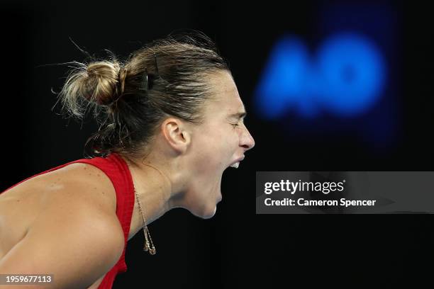 Aryna Sabalenka celebrates a point in their Semi Final singles match against Coco Gauff of the United States during the 2024 Australian Open at...