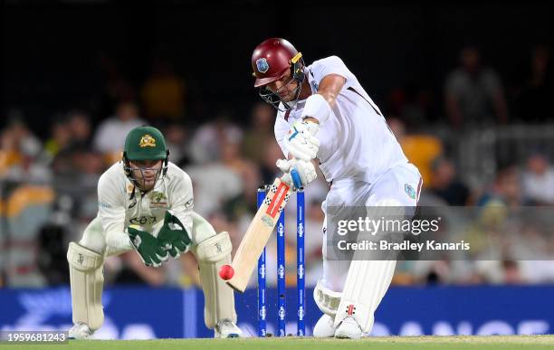 Joshua Da Silva of the West Indies plays a shot during day one of the Second Test match in the series between Australia and West Indies at The Gabba...