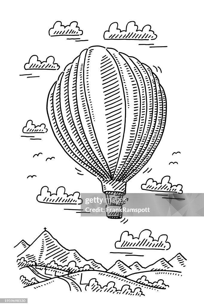 Hot Air Balloon Over Mountains Drawing