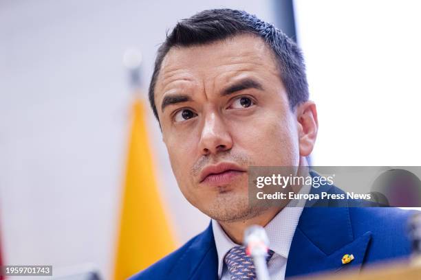 The President of the Republic of Ecuador, Daniel Noboa, speaks during the Spain-Ecuador business meeting at the headquarters of the CEOE, on 25...