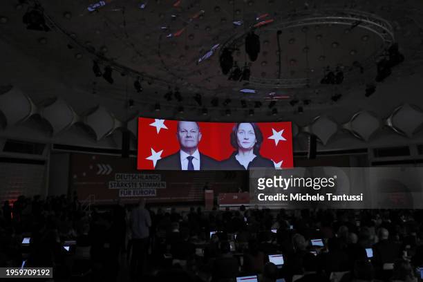 Candidate for European Elections Katarina Barley and German Chancellor, Olaf Scholz are shown on a video as they attend a congress of the German...