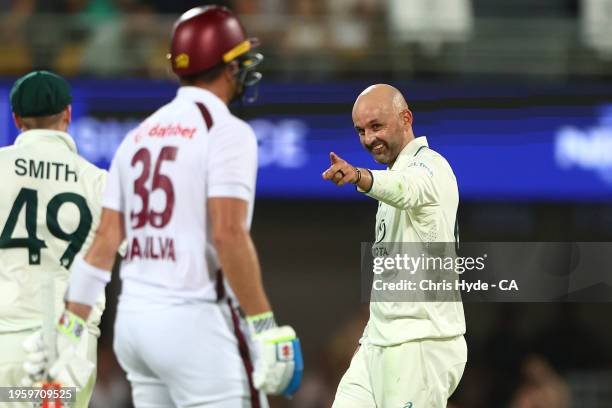 Nathan Lyon of Australia celebrates dismissing Joshua Da Silva of the West Indies during day one of the Second Test match in the series between...