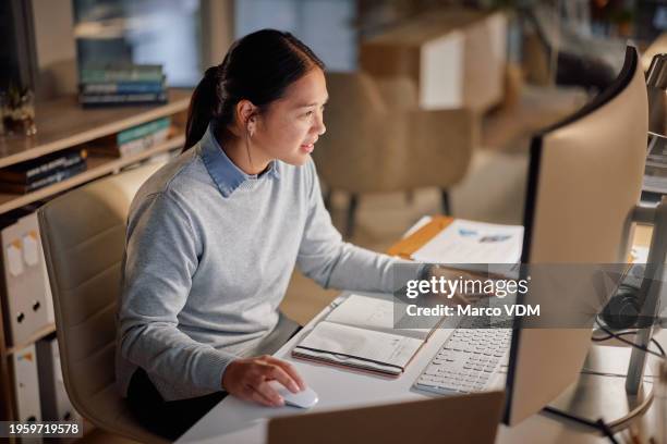 woman, computer and office deadline at night as project research intern at startup for communication, proposal or information. asian person, working and notebook for brainstorming, planning or web - sales pitch stock pictures, royalty-free photos & images