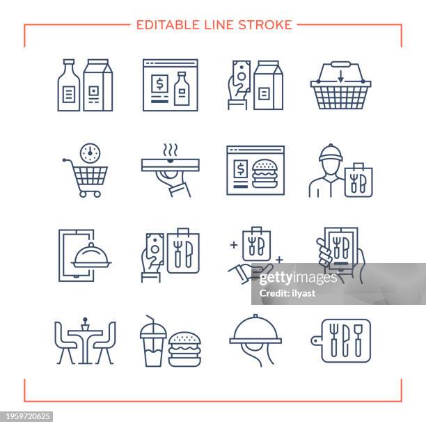editable line icons for food delivery - infographics business store stock illustrations