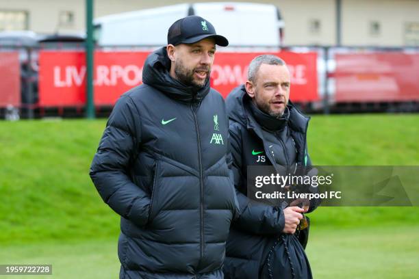 Liverpool U21's head coach Barry Lewtas and his assistant Jay Spearing during the Premier League 2 match at the AXA Training Centre on January 28,...