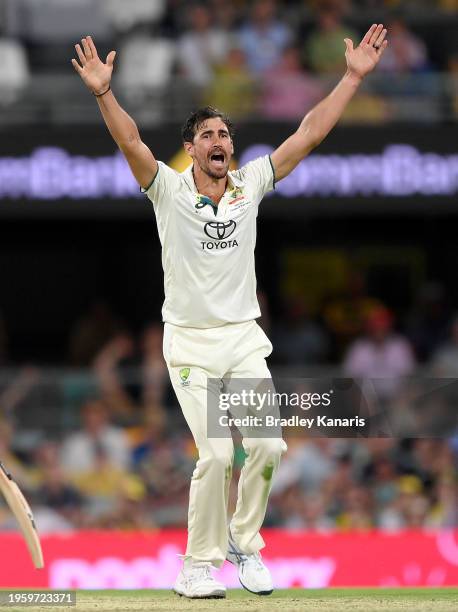 Mitchell Starc of Australia appeals to the umpire but is unsuccessfulduring day one of the Second Test match in the series between Australia and West...