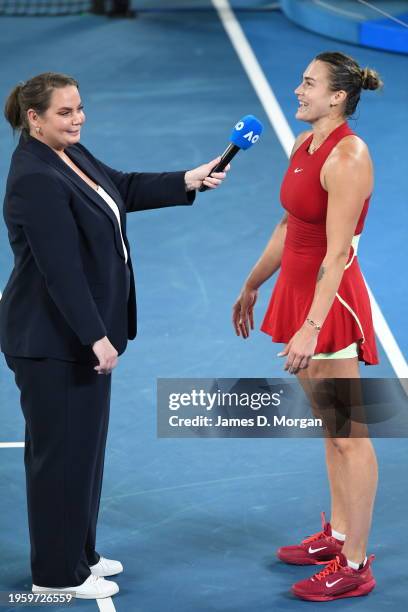 Jelena Dokic interviews Aryna Sabalenka after she wins against Coco Gauff of the United States in the Women's Singles Semi Finals match during day...