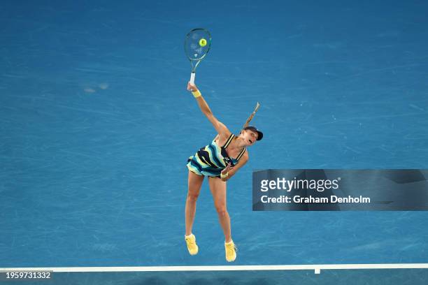 Dayana Yastremska of Ukraine serves in their Semi Final singles match against Qinwen Zheng of China during the 2024 Australian Open at Melbourne Park...