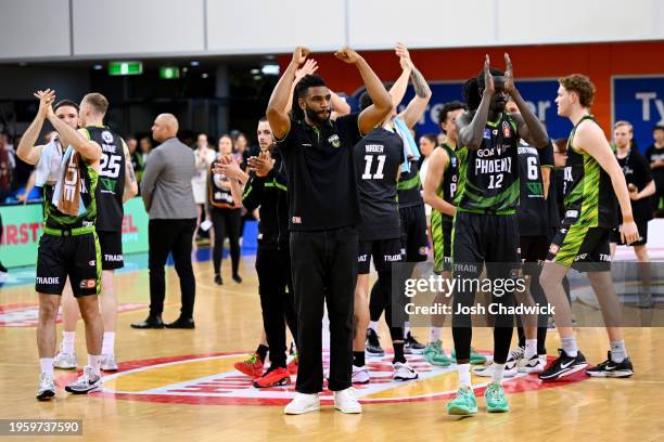 The Phoenix celebrate after winning the round 17 NBL match between South East Melbourne Phoenix and Sydney Kings at State Basketball Centre, on...