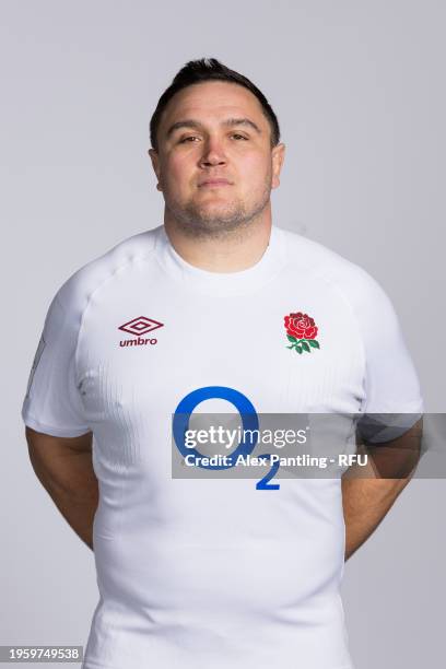 Jamie George, Captain of England, poses for a portrait during the England Rugby Squad Photocall at Pennyhill Park on January 23, 2024 in Bagshot,...