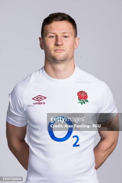 Fraser Dingwall of England poses for a portrait during the England Rugby Squad Photocall at Pennyhill Park on January 23, 2024 in Bagshot, England.