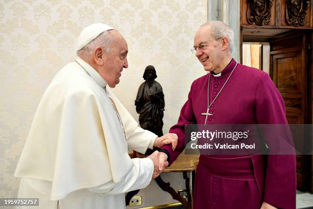 Pope Francis meets with Archbishop of Canterbury, Justin Welby during an audience at the Apostolic Palace on January 25, 2024 in Vatican City,...