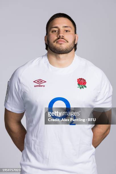 Ethan Roots of England poses for a portrait during the England Rugby Squad Photocall at Pennyhill Park on January 23, 2024 in Bagshot, England.