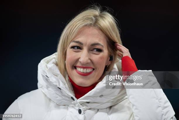 Sky Sports presenter Kelly Cates before the Premier League match between Aston Villa and Sheffield United at Villa Park on December 22, 2023 in...