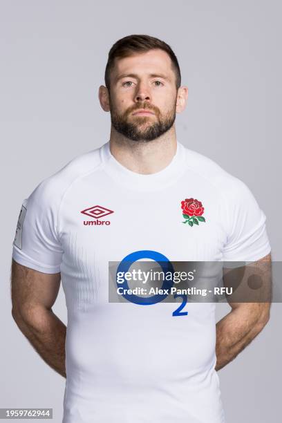 Elliot Daly of England poses for a portrait during the England Rugby Squad Photocall at Pennyhill Park on January 23, 2024 in Bagshot, England.