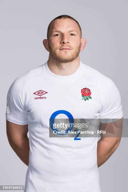 Sam Underhill of England poses for a portrait during the England Rugby Squad Photocall at Pennyhill Park on January 23, 2024 in Bagshot, England.