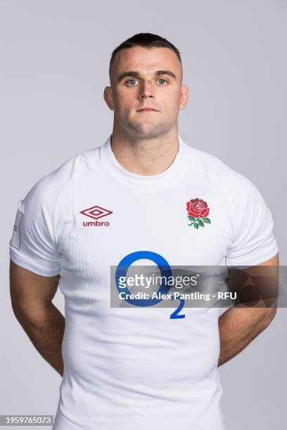 Ben Earl of England poses for a portrait during the England Rugby Squad Photocall at Pennyhill Park on January 23, 2024 in Bagshot, England.