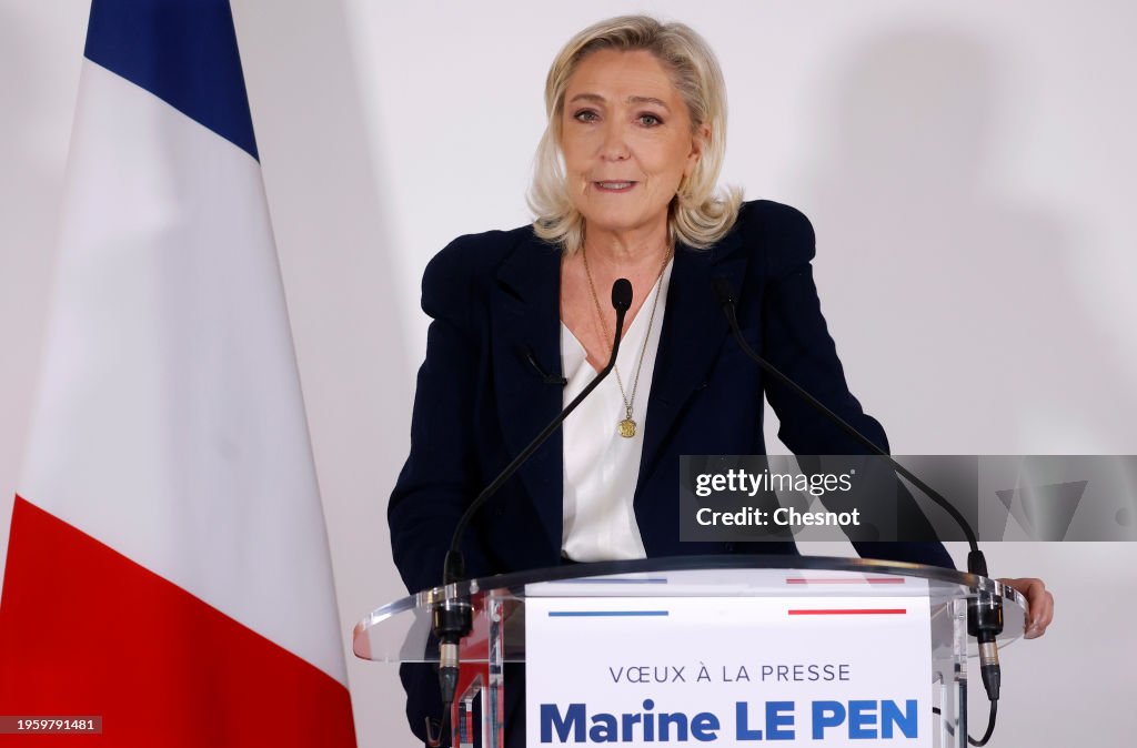 Marine Le Pen, Head Of French Far-Right Political Party Rassemblement National Greets The Press