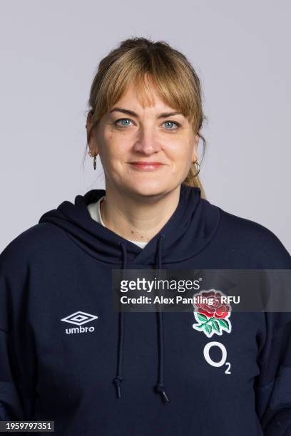 Charlotte Gibbons, Team Operations Manger of England, poses for a portrait during the England Rugby Squad Photocall at Pennyhill Park on January 23,...