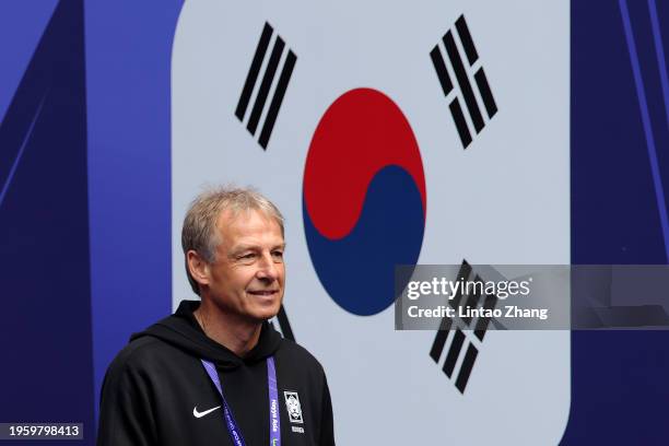 Juergen Klinsmann, Manager of South Korea, looks on prior to the AFC Asian Cup Group E match between South Korea and Malaysia at Al Janoub Stadium on...