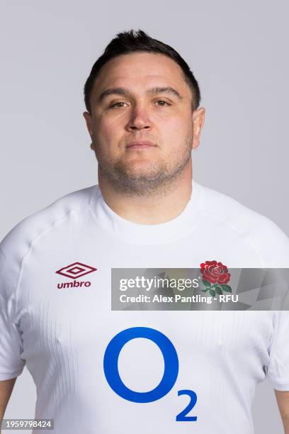 Jamie George, Captain of England, poses for a portrait during the England Rugby Squad Photocall at Pennyhill Park on January 23, 2024 in Bagshot,...