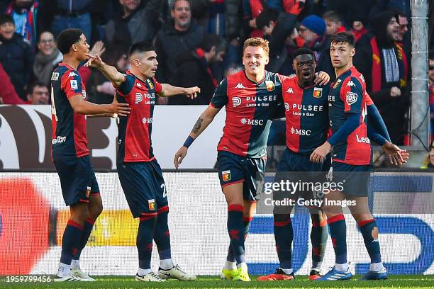 Mateo Retegui of Genoa celebrates with his team-mates after scoring a goal during the Serie A TIM match between Genoa CFC and US Lecce - Serie A TIM...