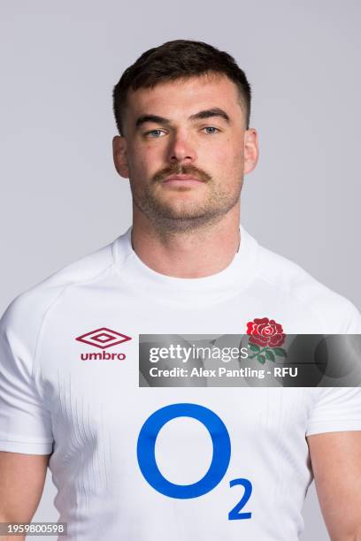 George Furbank of England poses for a portrait during the England Rugby Squad Photocall at Pennyhill Park on January 23, 2024 in Bagshot, England.