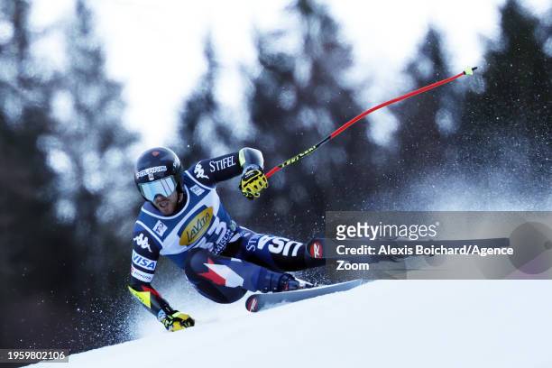 Isaiah Nelson of Team United States in action during the Audi FIS Alpine Ski World Cup Men's Super G on January 28, 2024 in Garmisch Partenkirchen,...