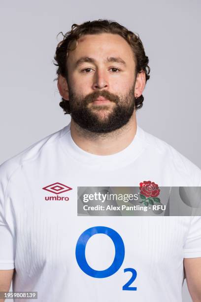 Will Stuart of England poses for a portrait during the England Rugby Squad Photocall at Pennyhill Park on January 23, 2024 in Bagshot, England.