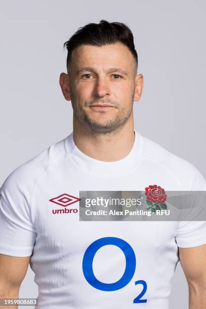 Danny Care of England poses for a portrait during the England Rugby Squad Photocall at Pennyhill Park on January 23, 2024 in Bagshot, England.