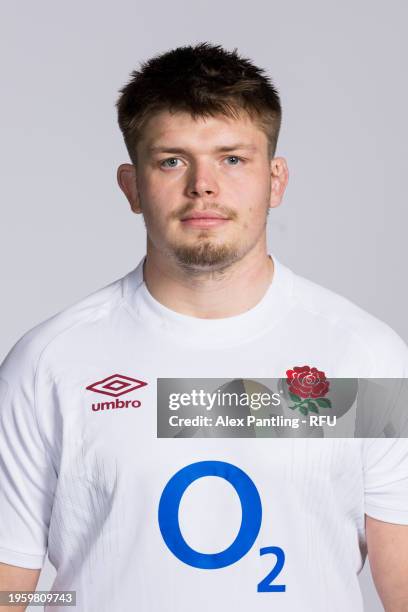 Jamie Blamire of England poses for a portrait during the England Rugby Squad Photocall at Pennyhill Park on January 23, 2024 in Bagshot, England.