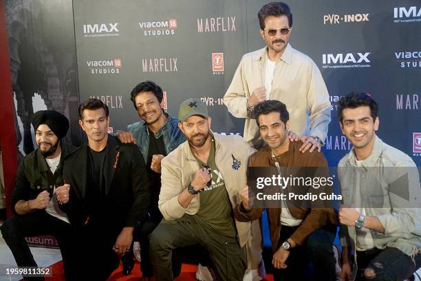 Guest, Karan Singh Grover, Guest, Hrithik Roshan, Akshay Oberoi, Anil Kapoor and Guest attend the screening of film 'Fighter' on January 25, 2024 in...