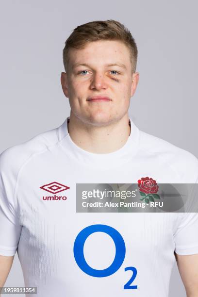 Tom Pearson of England poses for a portrait during the England Rugby Squad Photocall at Pennyhill Park on January 23, 2024 in Bagshot, England.