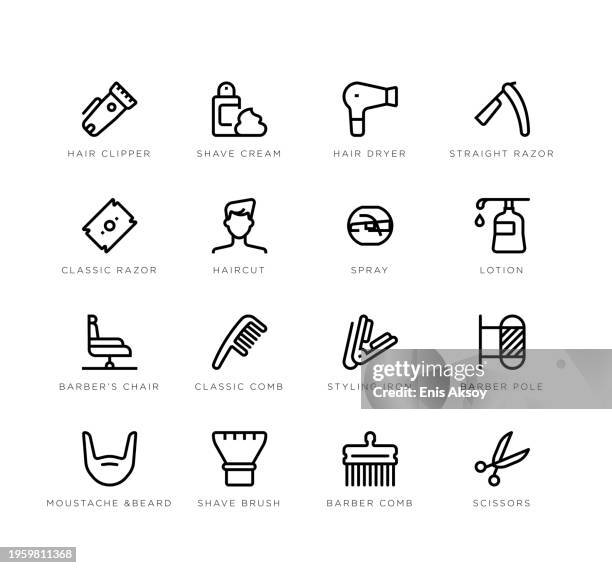 illustrazioni stock, clip art, cartoni animati e icone di tendenza di icone del negozio di barbiere - forbici per parrucchieri